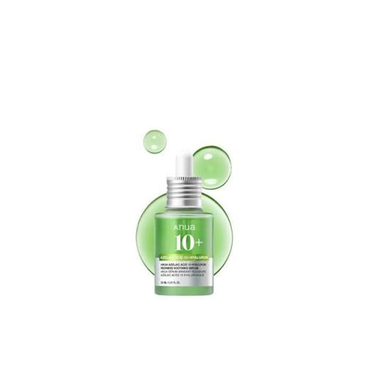 Anua Azelaic Acid 10+ Hyaluron Redness Soothing Serum dropper bottle with a green background and green serum droplets
