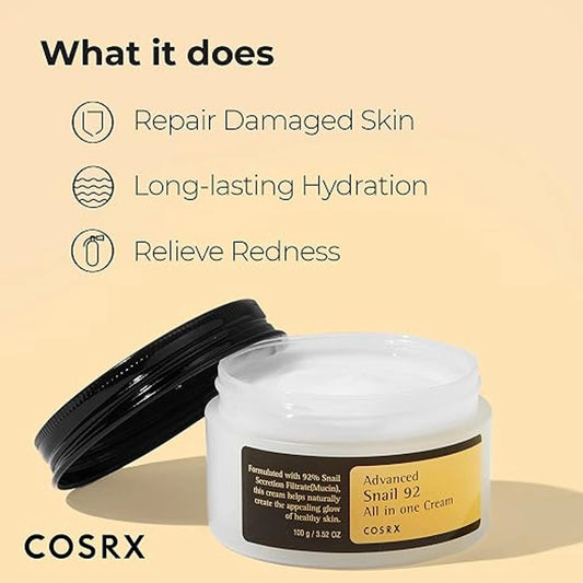COSRX Advanced Snail 92 All in One Cream 100 g jar with black lid beside an infographic listing skin repair, long-lasting hydration and redness relief