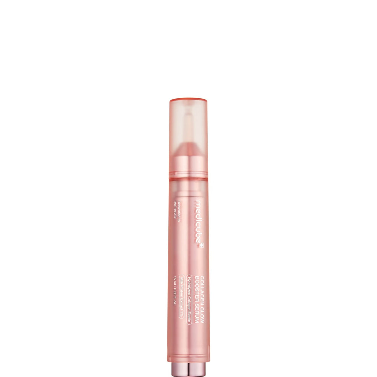 medicube Collagen Glow Booster Milk Serum 15 ml pink twist-and-click pen with the cap closed, showing the printed product name and Milk Protein Extract 1% label