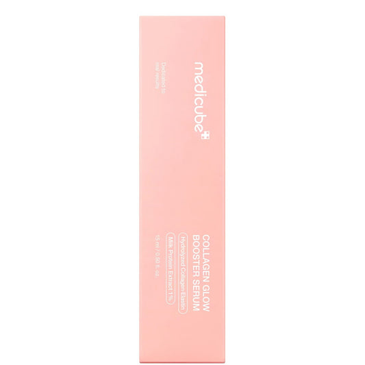 Pink medicube carton for the Collagen Glow Booster Serum showing the brand logo, product name, Hydrolyzed Collagen-Elastin and Milk Protein Extract 1% details and 15 ml size