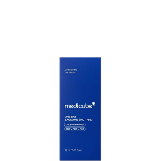 medicube One Day Exosome Shot 7500 blue carton packaging, front view