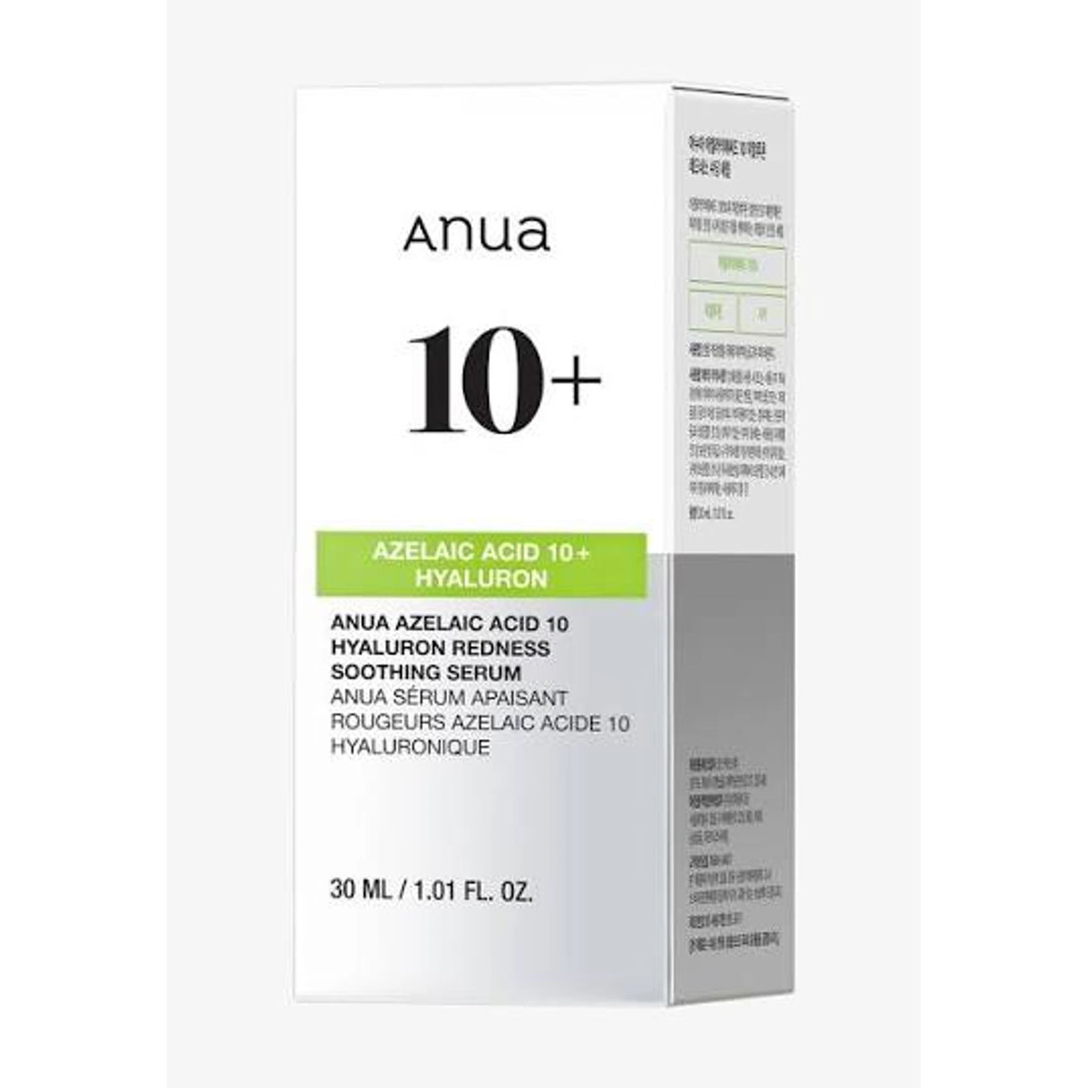 Front of the white Anua Azelaic Acid 10+ Hyaluron Redness Soothing Serum carton showing the product name and 30 ml / 1.01 fl oz size