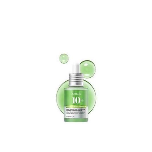 Anua Azelaic Acid 10+ Hyaluron Redness Soothing Serum dropper bottle with a green background and green serum droplets