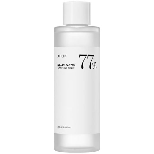 Anua Heartleaf 77% Soothing Toner 250ml white bottle with white cap on a plain light background
