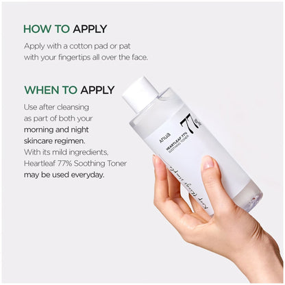 Hand holding an Anua Heartleaf 77% Soothing Toner 250ml bottle with how to apply and when to apply instructions