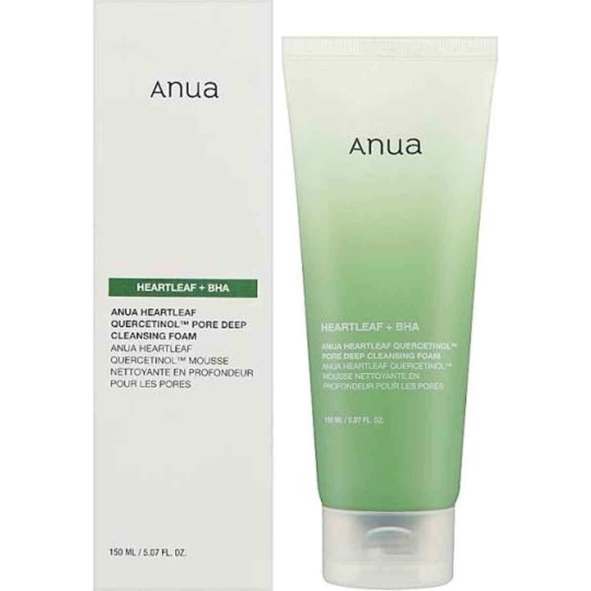 Anua Heartleaf Quercetin Pore Deep Cleansing Foam 150ml carton beside the green Heartleaf + BHA tube