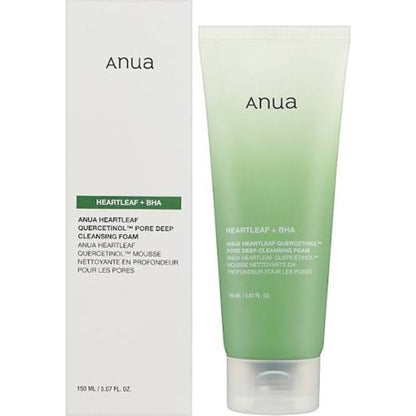 Anua Heartleaf Quercetin Pore Deep Cleansing Foam 150ml carton beside the green Heartleaf + BHA tube