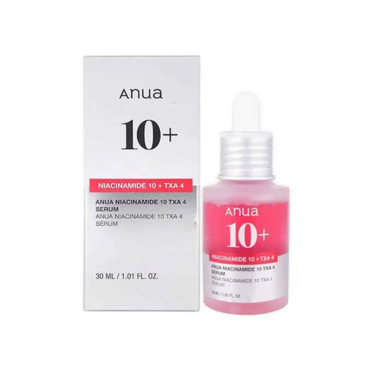 Anua Niacinamide 10 + TXA 4 Serum 30 ml dropper bottle shown next to its white and pink carton box