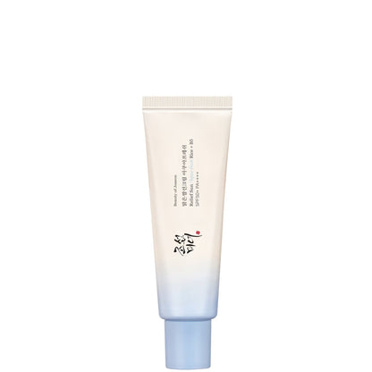 Beauty of Joseon Relief Sun Aqua-fresh : Rice + B5 SPF50+ PA++++ sunscreen tube with white to blue gradient packaging standing upright on a white background