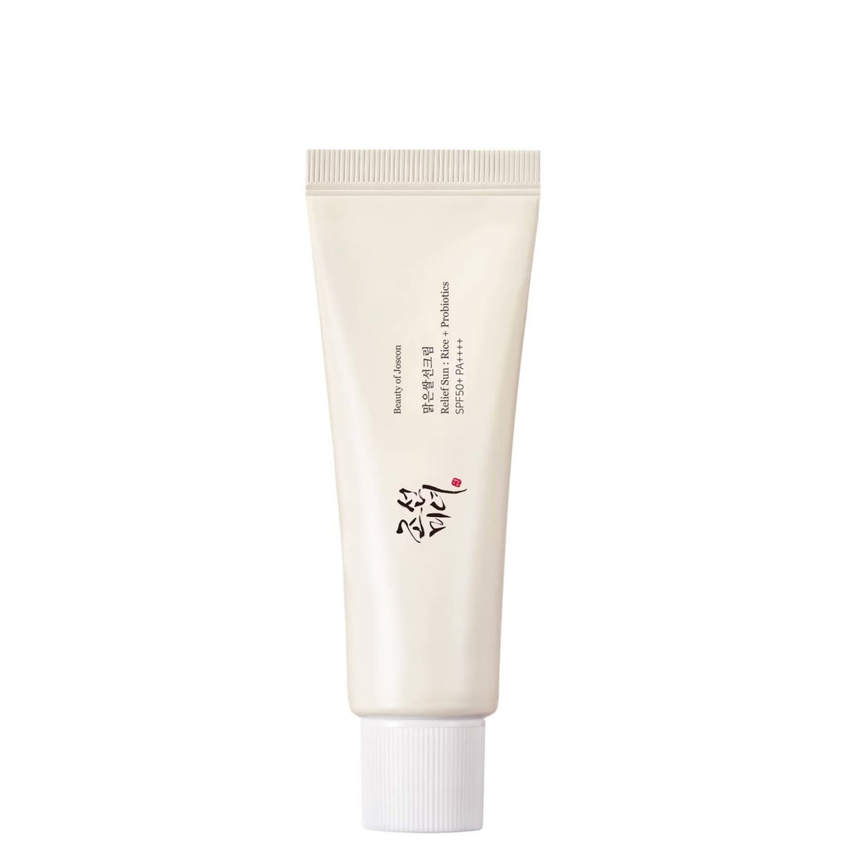 Beauty of Joseon Relief Sun : Rice + Probiotics SPF50+ PA++++ sunscreen tube standing upright on a white background, showing the printed product name and brand logo