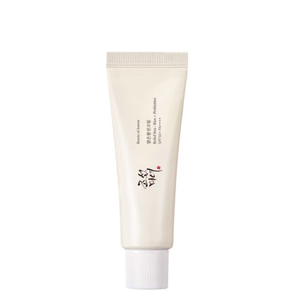 Beauty of Joseon Relief Sun : Rice + Probiotics SPF50+ PA++++ sunscreen tube standing upright on a white background, showing the printed product name and brand logo