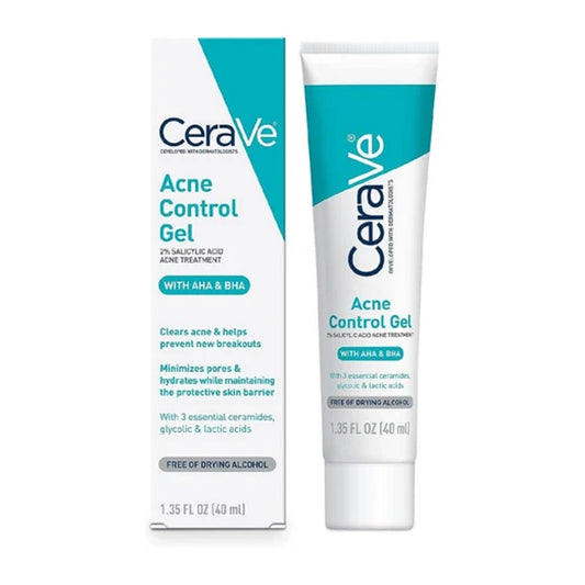 CeraVe Acne Control Gel 2% salicylic acid acne treatment carton and 40 ml tube with AHA and BHA