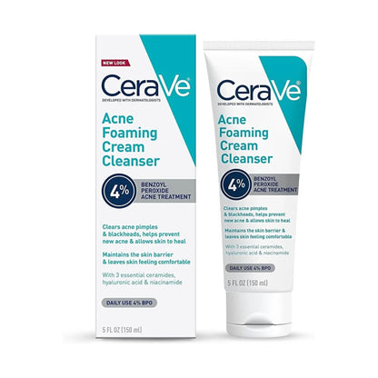 CeraVe Acne Foaming Cream Cleanser carton and tube, 4% benzoyl peroxide acne treatment, 5 fl oz 150 mL, with ceramides, hyaluronic acid and niacinamide