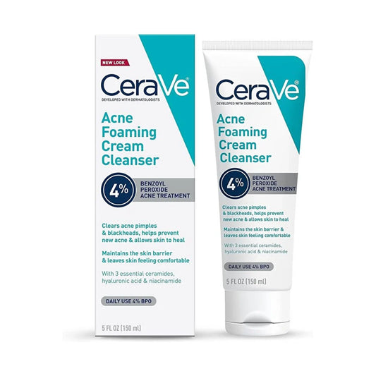 CeraVe Acne Foaming Cream Cleanser carton and tube, 4% benzoyl peroxide acne treatment, 5 fl oz 150 mL, with ceramides, hyaluronic acid and niacinamide