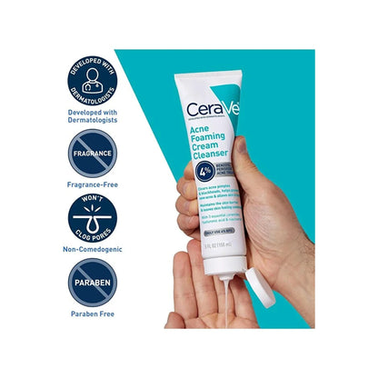 Hand squeezing CeraVe Acne Foaming Cream Cleanser tube onto palm, beside icons for developed with dermatologists, fragrance-free, non-comedogenic and paraben-free
