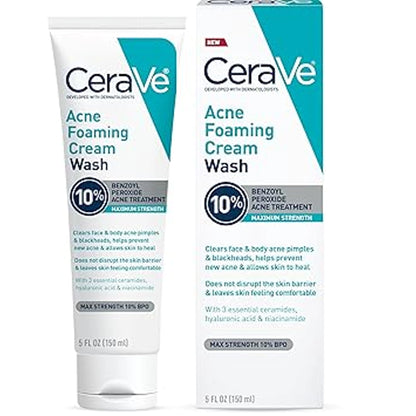 CeraVe Acne Foaming Cream Wash tube and carton labelled 10% benzoyl peroxide acne treatment, maximum strength, 5 fl oz (150 mL)