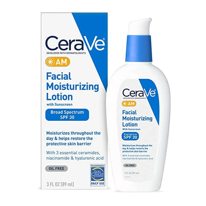 CeraVe AM Facial Moisturizing Lotion with Sunscreen Broad Spectrum SPF 30 box beside the 3 fl oz pump bottle.