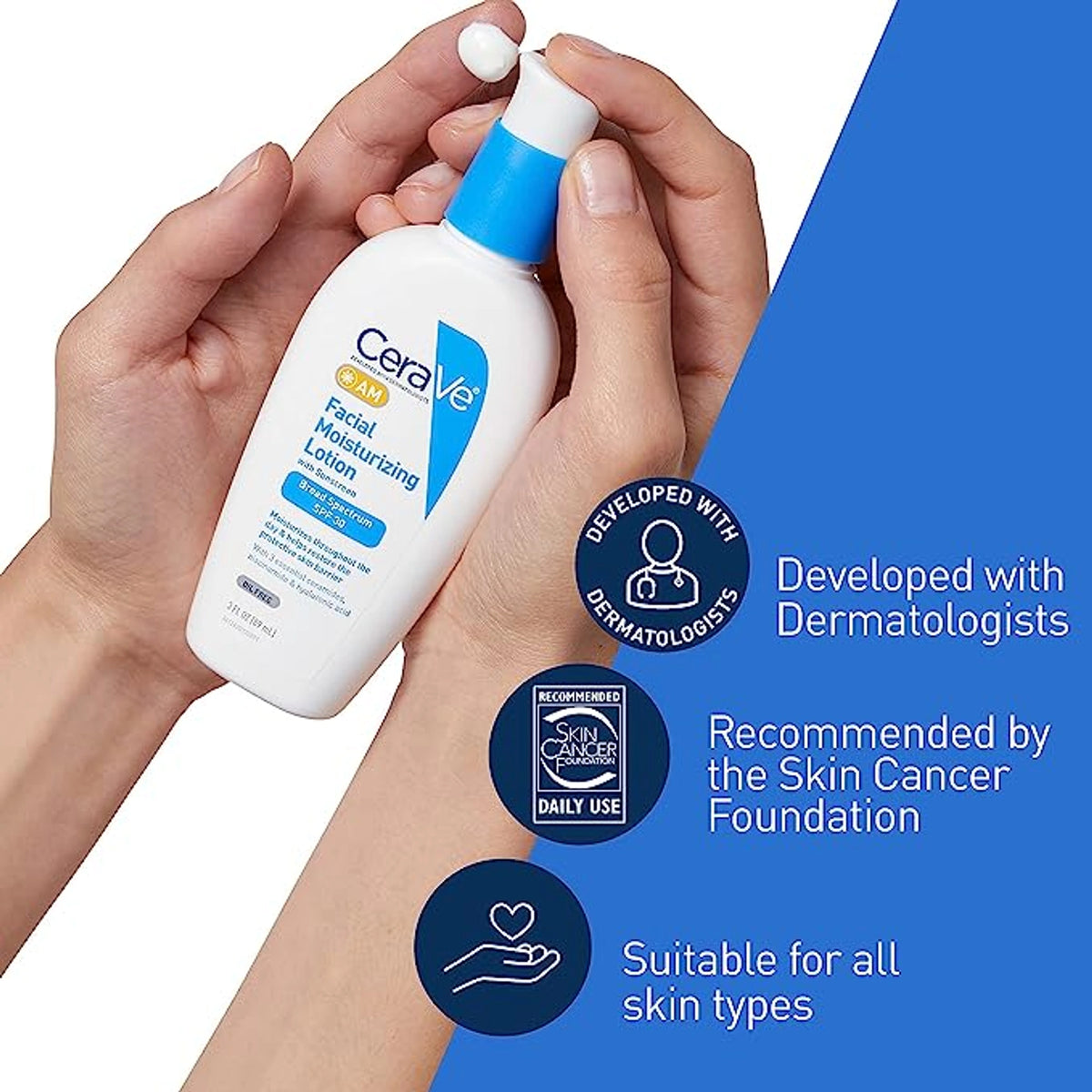 Hands holding the CeraVe AM Facial Moisturizing Lotion SPF 30 bottle and dispensing lotion, shown with icons for developed with dermatologists, recommended by the Skin Cancer Foundation, and suitable for all skin types.