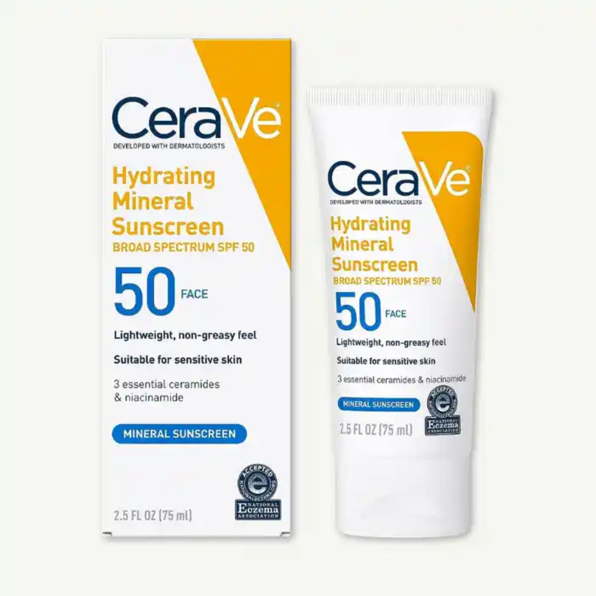 CeraVe Hydrating Mineral Sunscreen Broad Spectrum SPF 50 Face carton and tube, 2.5 fl oz (75 mL)