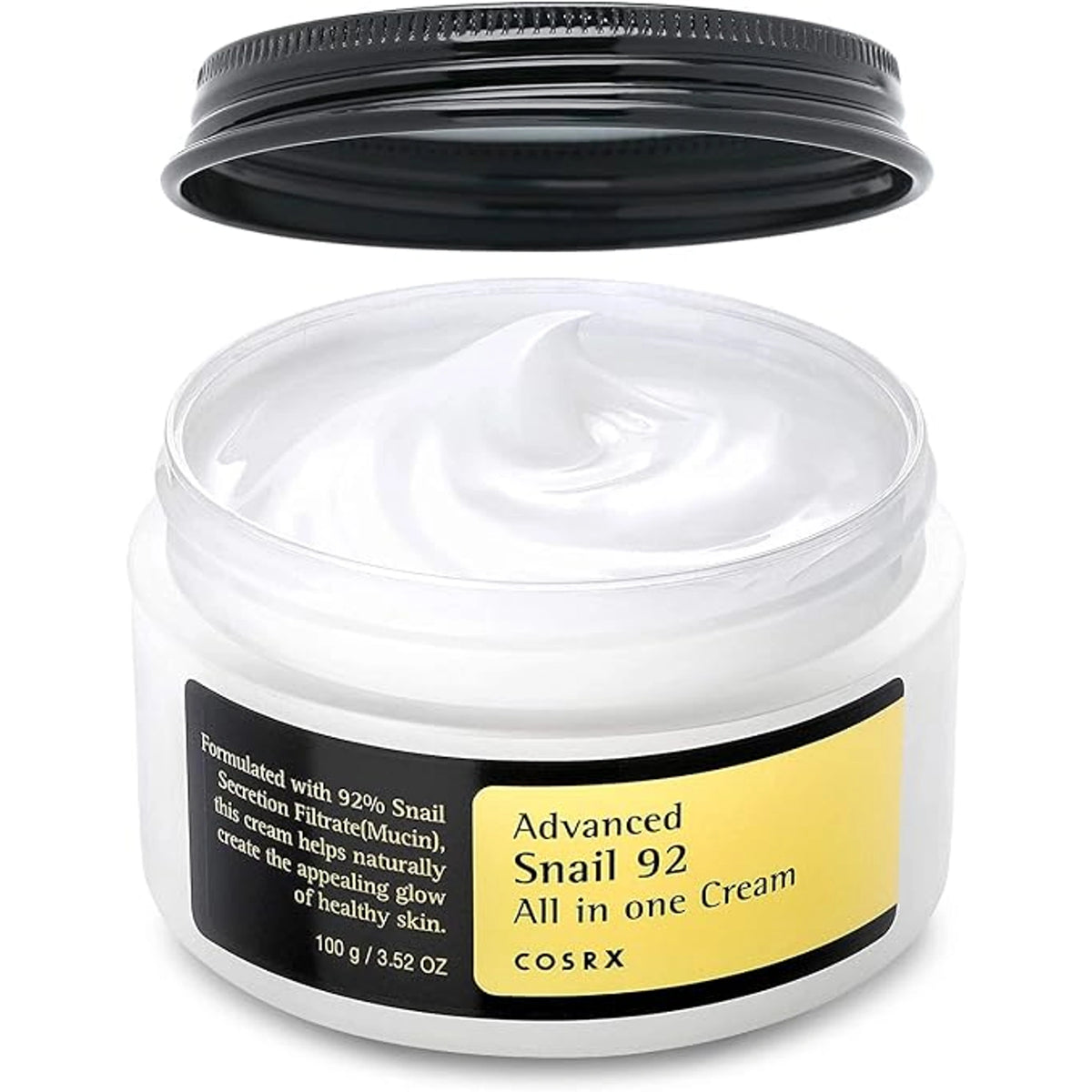 Open jar of COSRX Advanced Snail 92 All in One Cream showing the white gel-cream texture and label with 100 g / 3.52 oz size
