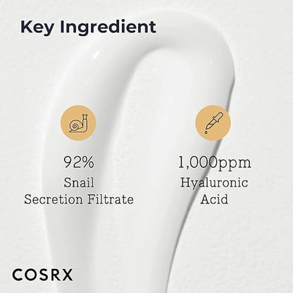 Swatch of COSRX Advanced Snail 92 All in One Cream texture with key ingredient callouts for 92% snail secretion filtrate and 1,000 ppm hyaluronic acid