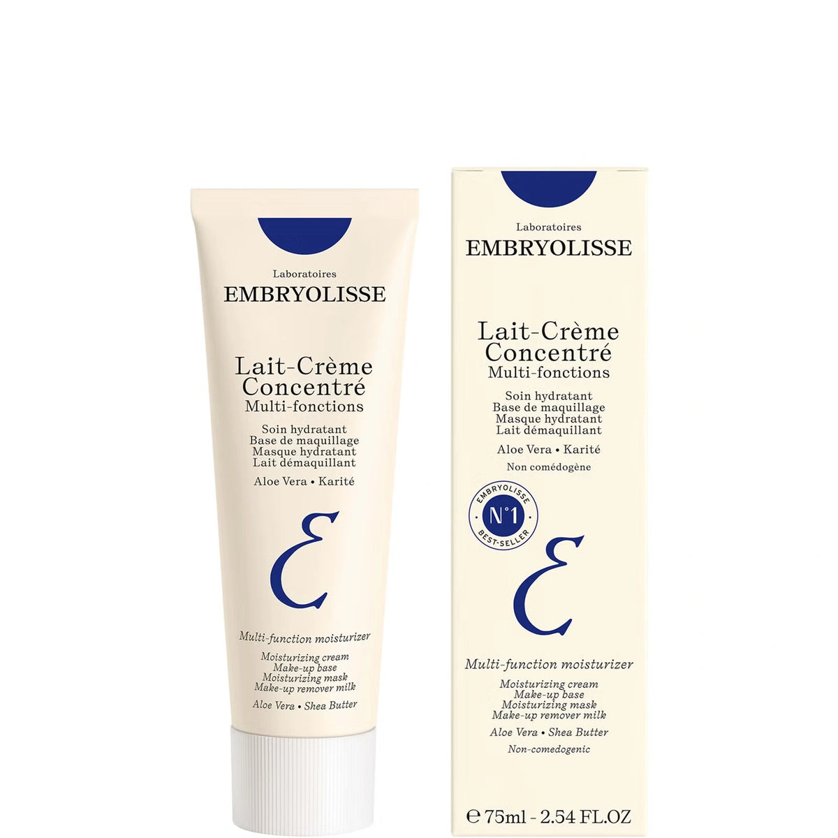 Embryolisse Lait-Crème Concentré Multi-fonctions 75ml moisturizer tube shown next to its cream-colored carton box with blue branding