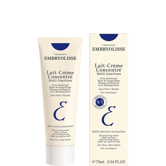 Embryolisse Lait-Crème Concentré Multi-fonctions 75ml moisturizer tube shown next to its cream-colored carton box with blue branding