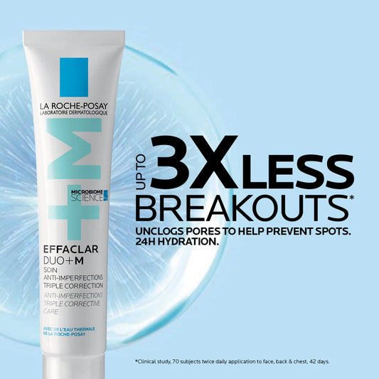La Roche-Posay Effaclar Duo+M Triple Corrective Care tube beside text reading up to 3x less breakouts, unclogs pores and 24h hydration