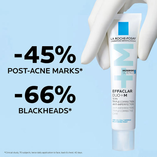 La Roche-Posay Effaclar Duo+M Triple Corrective Care tube held in a gloved hand, alongside text stating -45% post-acne marks and -66% blackheads