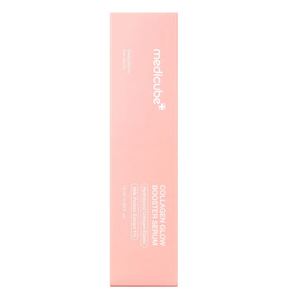 Pink medicube carton for the Collagen Glow Booster Serum showing the brand logo, product name, Hydrolyzed Collagen-Elastin and Milk Protein Extract 1% details and 15 ml size
