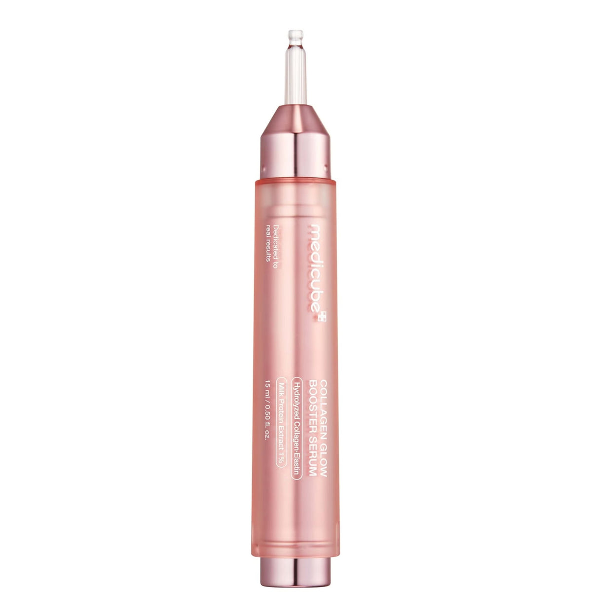 medicube Collagen Glow Booster Milk Serum pen with the cap removed, revealing the clear dispensing nozzle on the rose-gold tip