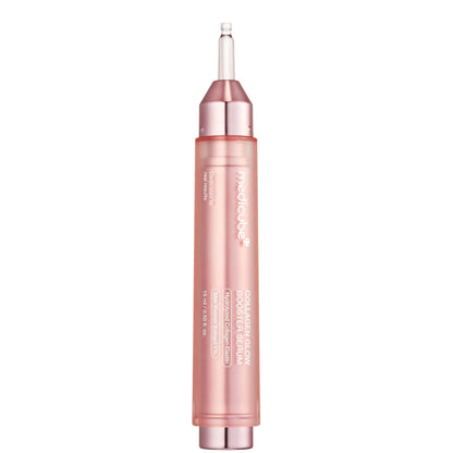 medicube Collagen Glow Booster Milk Serum pen with the cap removed, revealing the clear dispensing nozzle on the rose-gold tip