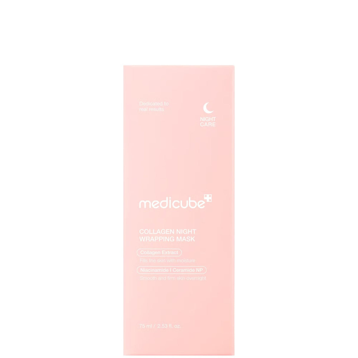 medicube Collagen Night Wrapping Mask 75 ml pale pink carton box showing the medicube logo, product name, Night Care icon and size