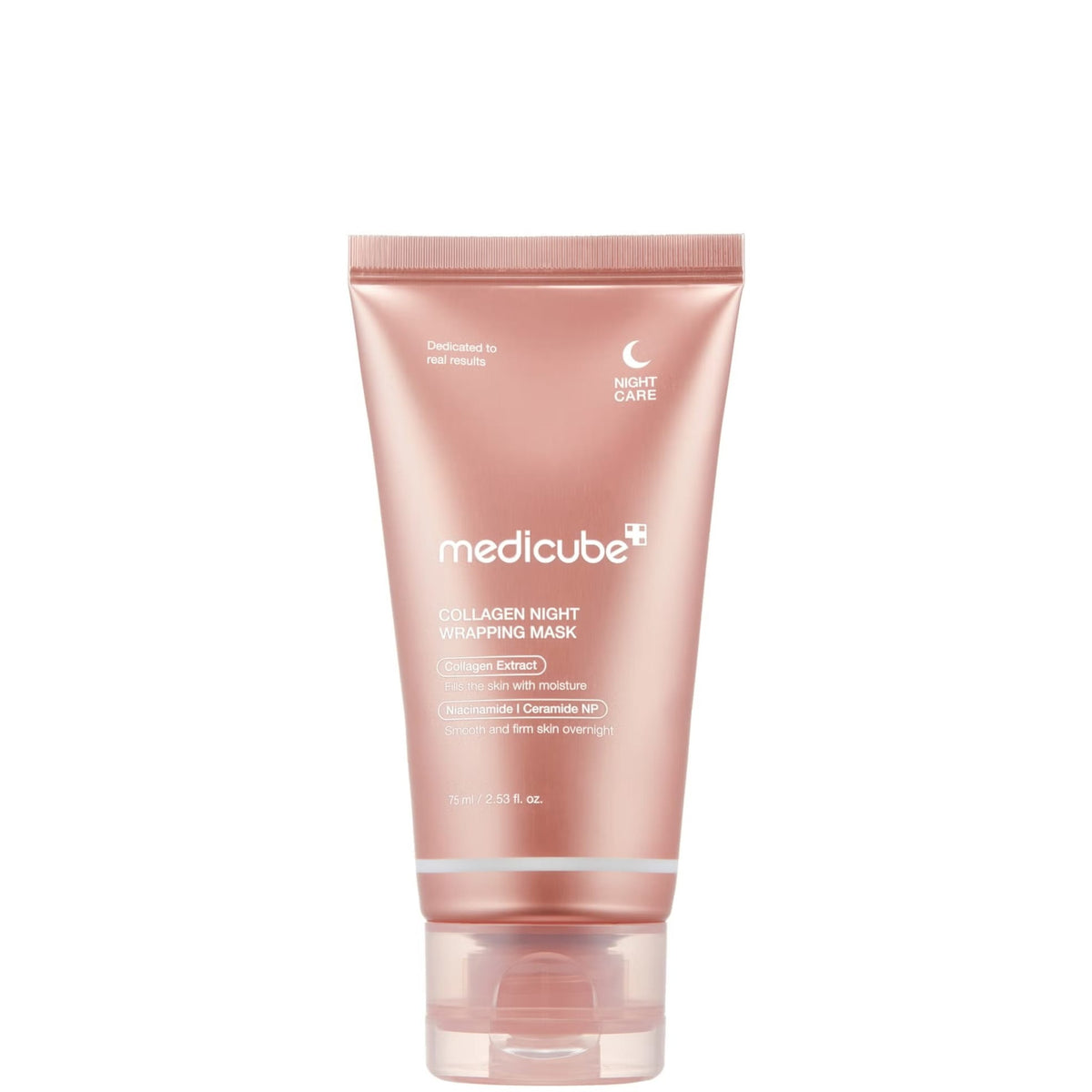 medicube Collagen Night Wrapping Mask 75 ml tube in metallic pink with the medicube logo, Night Care crescent moon icon and key ingredients listed on the front