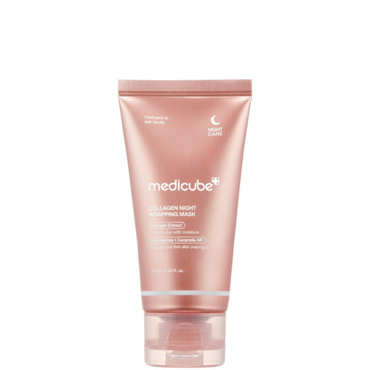 medicube Collagen Night Wrapping Mask 75 ml tube in metallic pink with the medicube logo, Night Care crescent moon icon and key ingredients listed on the front