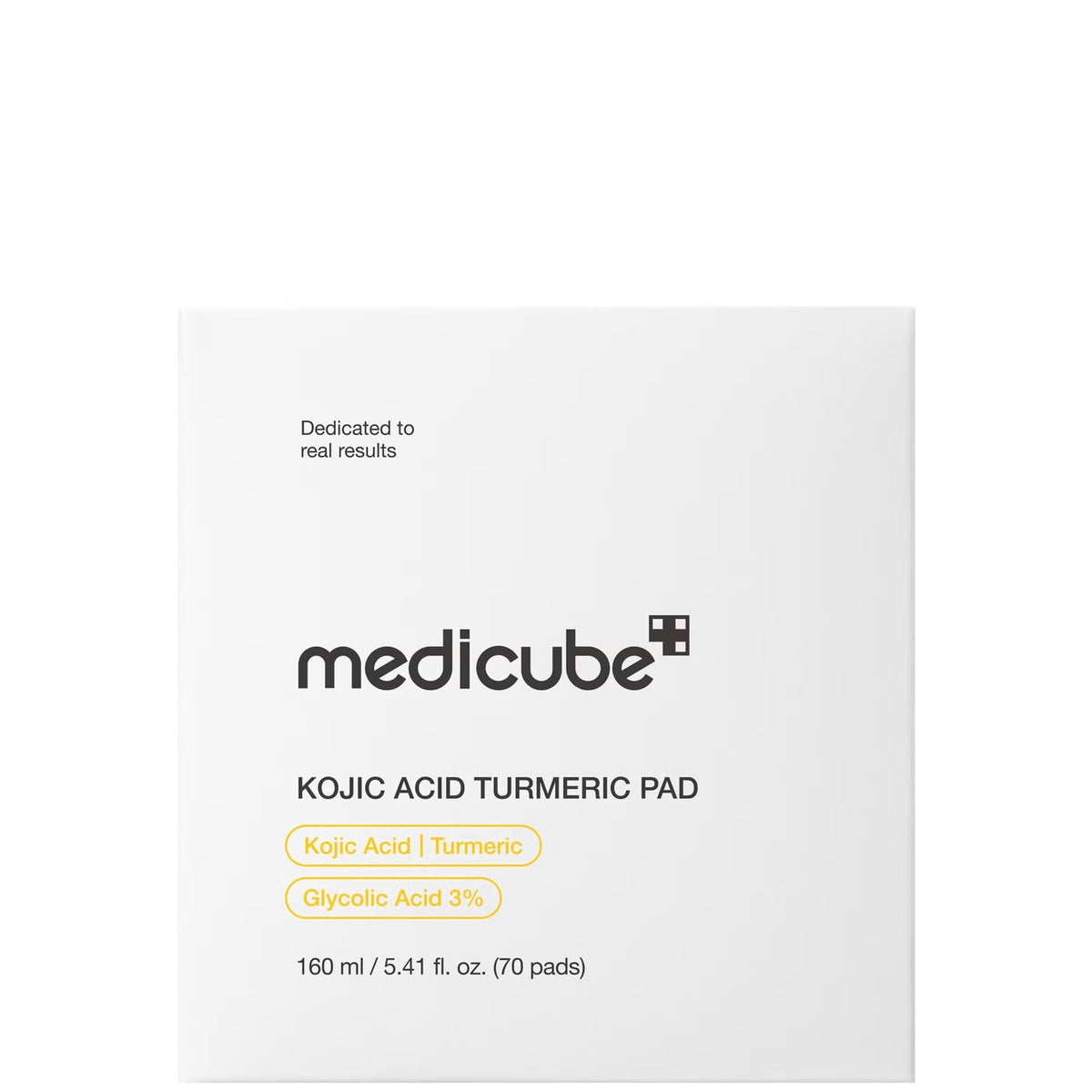 Front of the medicube Kojic Acid Turmeric Pad carton showing the product name, Kojic Acid and Turmeric, Glycolic Acid 3% and the size 160 ml / 5.41 fl. oz. (70 pads).