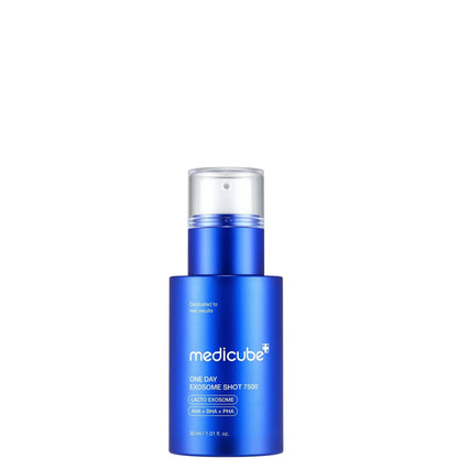 medicube One Day Exosome Shot 7500 blue pump bottle, 30 ml, front view