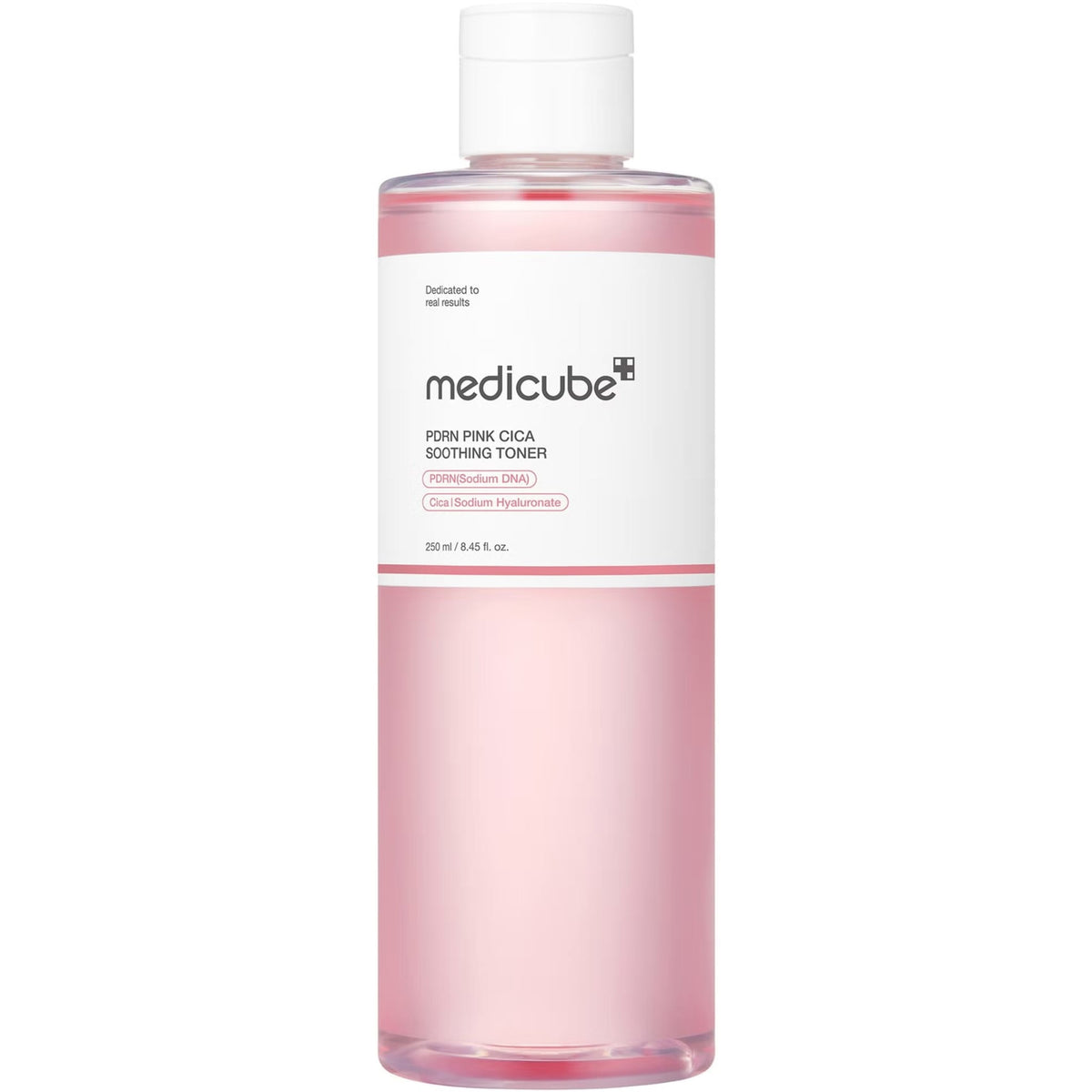 medicube PDRN Pink Cica Soothing Toner 250 ml bottle with pink liquid, white label and white cap