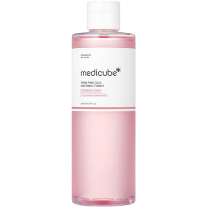 medicube PDRN Pink Cica Soothing Toner 250 ml bottle with pink liquid, white label and white cap
