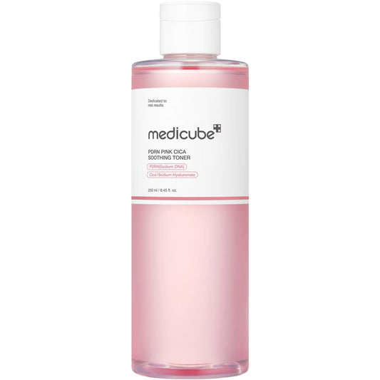 medicube PDRN Pink Cica Soothing Toner 250 ml bottle with pink liquid, white label and white cap