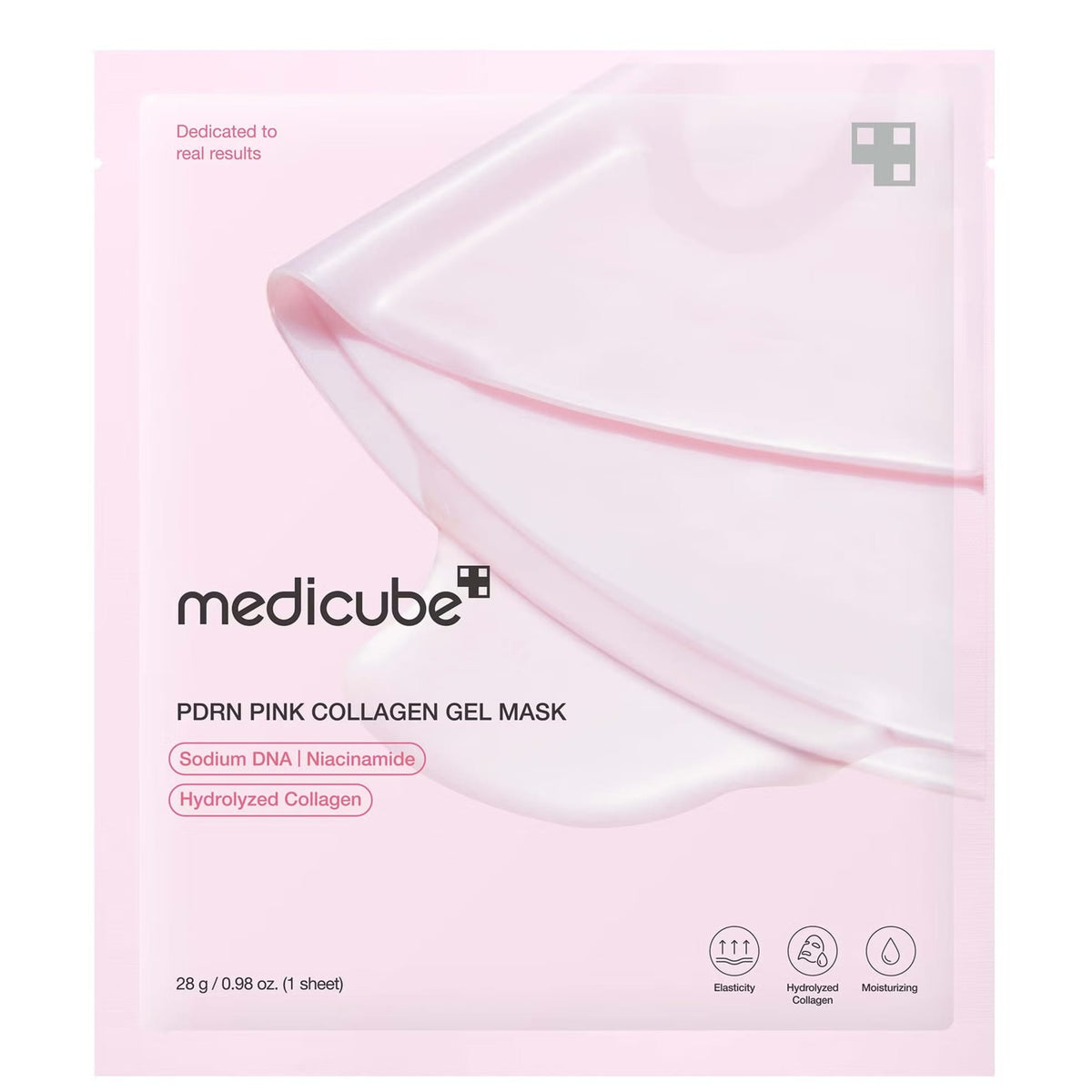 Front of the Medicube PDRN Pink Collagen Gel Mask sachet listing Sodium DNA, Niacinamide and Hydrolyzed Collagen with elasticity, collagen and moisturizing icons