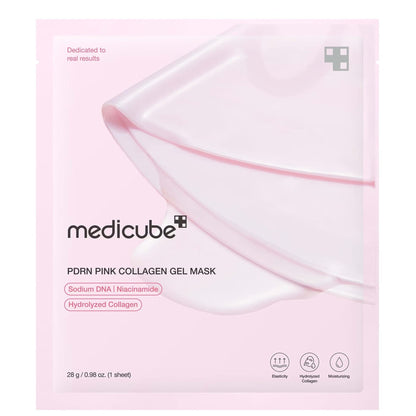 Front of the Medicube PDRN Pink Collagen Gel Mask sachet listing Sodium DNA, Niacinamide and Hydrolyzed Collagen with elasticity, collagen and moisturizing icons
