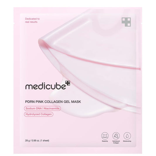 Front of the Medicube PDRN Pink Collagen Gel Mask sachet listing Sodium DNA, Niacinamide and Hydrolyzed Collagen with elasticity, collagen and moisturizing icons