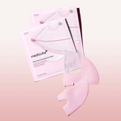 Stacked Medicube PDRN Pink Collagen Gel Mask sachets next to an unwrapped pale pink hydrogel sheet mask on a pink background