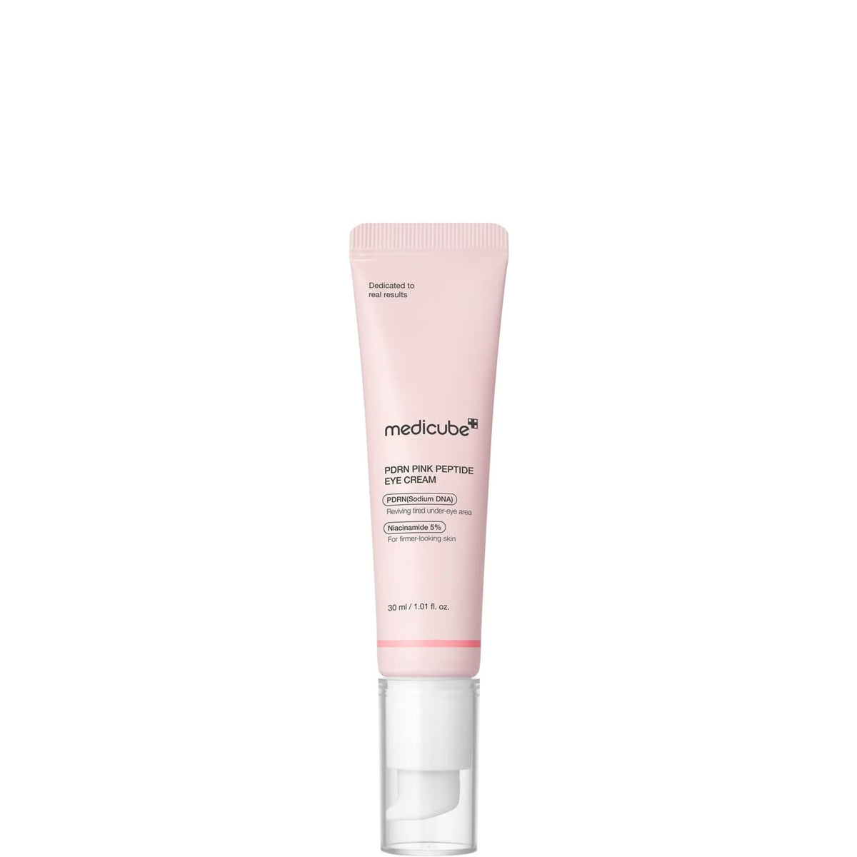 medicube PDRN Pink Peptide Eye Cream 30 ml pink tube with white pump applicator standing upright, showing PDRN Sodium DNA and Niacinamide 5% text