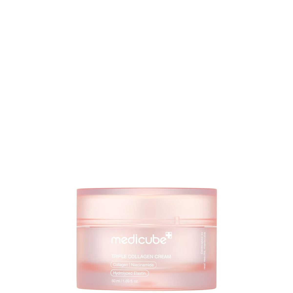 medicube Triple Collagen Cream jar in translucent pink packaging labelled Collagen, Niacinamide and Hydrolyzed Elastin, 50 ml / 1.69 fl. oz.