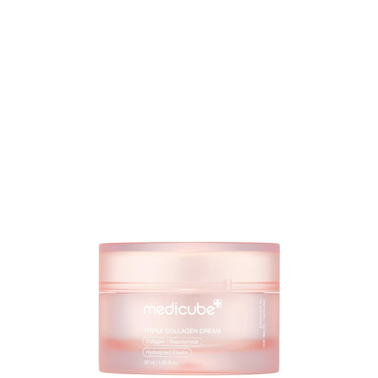 medicube Triple Collagen Cream jar in translucent pink packaging labelled Collagen, Niacinamide and Hydrolyzed Elastin, 50 ml / 1.69 fl. oz.
