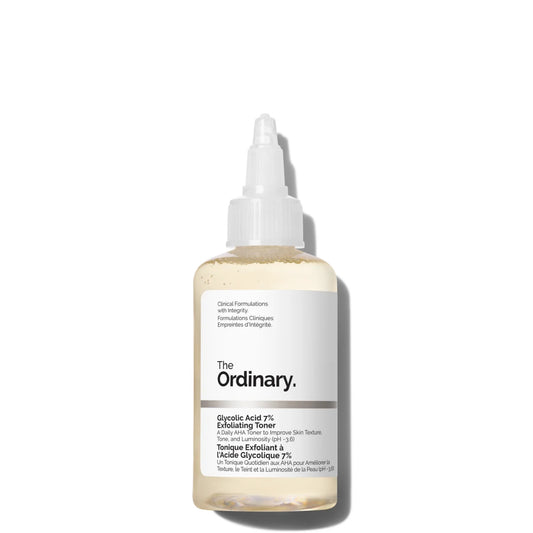 The Ordinary Glycolic Acid 7% Exfoliating Toner bottle with white dropper cap and pale yellow liquid